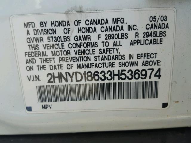 2HNYD18633H536974 - 2003 ACURA MDX TOURIN WHITE photo 10