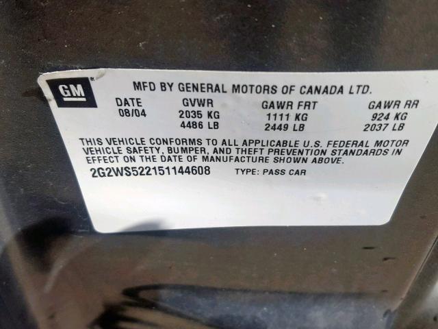 2G2WS522151144608 - 2005 PONTIAC GRAND PRIX GRAY photo 10