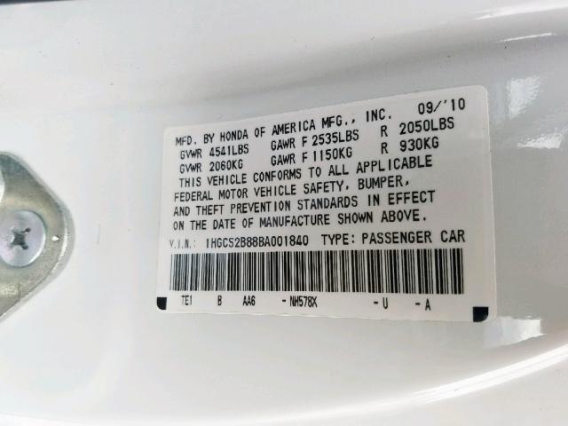 1HGCS2B88BA001840 - 2011 HONDA ACCORD EXL WHITE photo 10