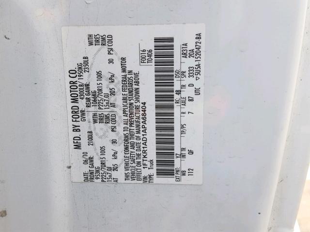 1FTKR1AD1APA68404 - 2010 FORD RANGER WHITE photo 10