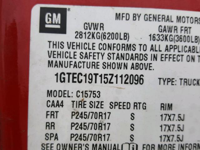 1GTEC19T15Z112096 - 2005 GMC NEW SIERRA RED photo 10