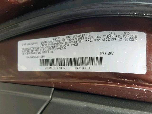 4S4WX83C864417860 - 2006 SUBARU B9 TRIBECA RED photo 10