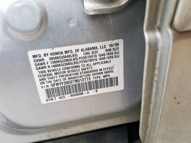 5FNYF28527B012773 - 2007 HONDA PILOT EXL SILVER photo 10