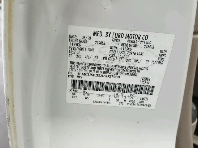 1FMCU5K39AKD27939 - 2010 FORD ESCAPE HYB WHITE photo 10