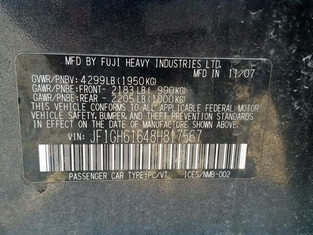 JF1GH61648H817567 - 2008 SUBARU IMPREZA 2. GRAY photo 10