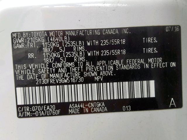 2T3DFREV9GW516730 - 2016 TOYOTA RAV4 LIMIT WHITE photo 10