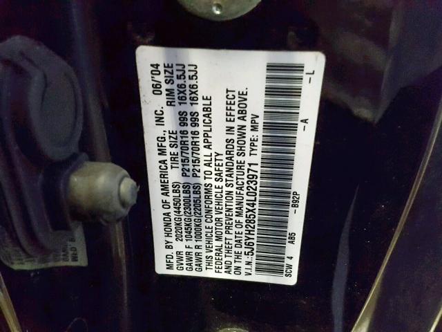 5J6YH285X4L023971 - 2004 HONDA ELEMENT EX BLACK photo 10