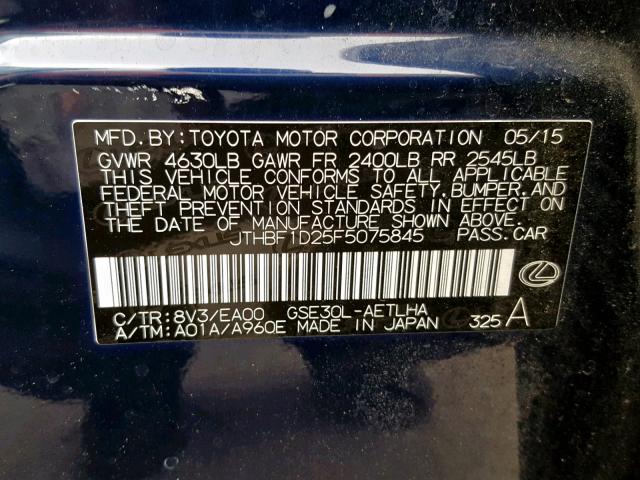 JTHBF1D25F5075845 - 2015 LEXUS IS 250 BLUE photo 10