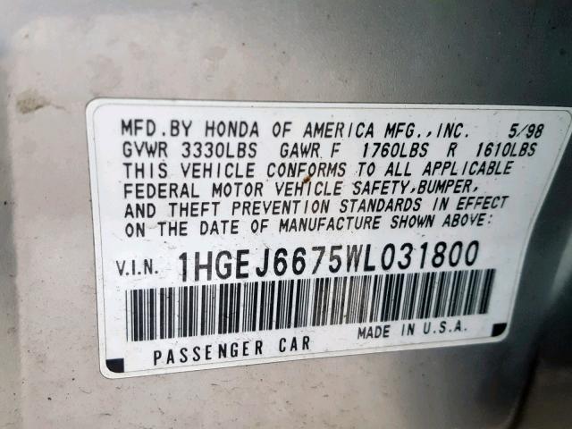 1HGEJ6675WL031800 - 1998 HONDA CIVIC LX SILVER photo 10