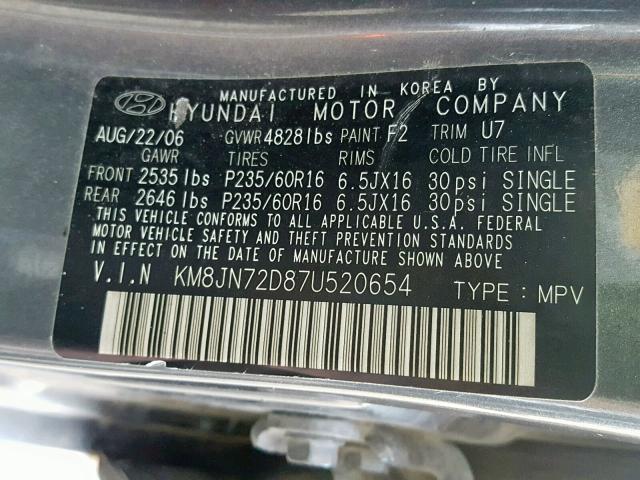 KM8JN72D87U520654 - 2007 HYUNDAI TUCSON SE GRAY photo 10