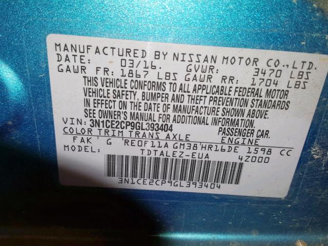 3N1CE2CP9GL393404 - 2016 NISSAN VERSA NOTE TURQUOISE photo 10