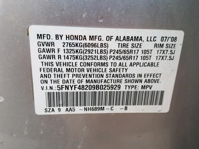 5FNYF48209B025929 - 2009 HONDA PILOT LX SILVER photo 10