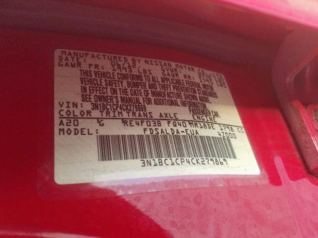 3N1BC1CP4CK279869 - 2012 NISSAN VERSA S RED photo 10