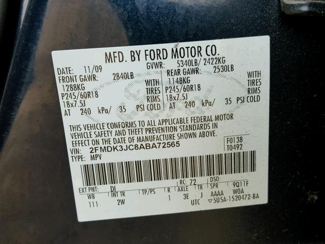 2FMDK3JC8ABA72565 - 2010 FORD EDGE SEL BLACK photo 10