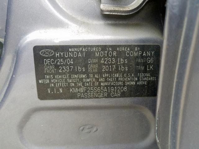 KMHWF25S65A191208 - 2005 HYUNDAI SONATA GL GRAY photo 10