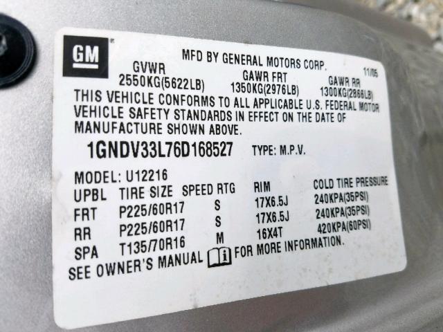 1GNDV33L76D168527 - 2006 CHEVROLET UPLANDER L SILVER photo 10