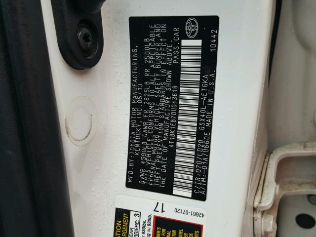 4T1BK1EB7DU043618 - 2013 TOYOTA AVALON BAS WHITE photo 10