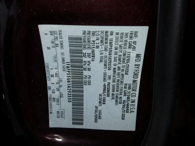 1FAFP55U61A293550 - 2001 FORD TAURUS SES BURGUNDY photo 10