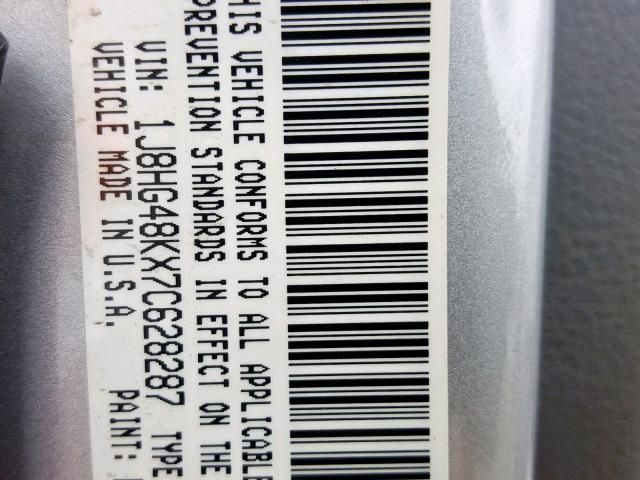 1J8HG48KX7C628287 - 2007 JEEP COMMANDER ვერცხლისფერი ფოტო 10