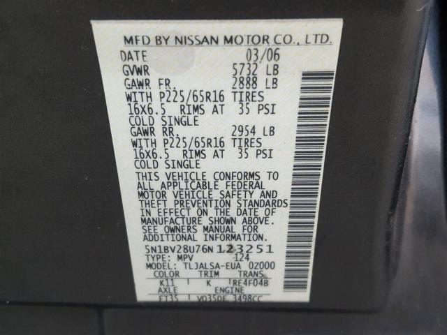 5N1BV28U76N123251 - 2006 NISSAN QUEST S GRAY photo 10