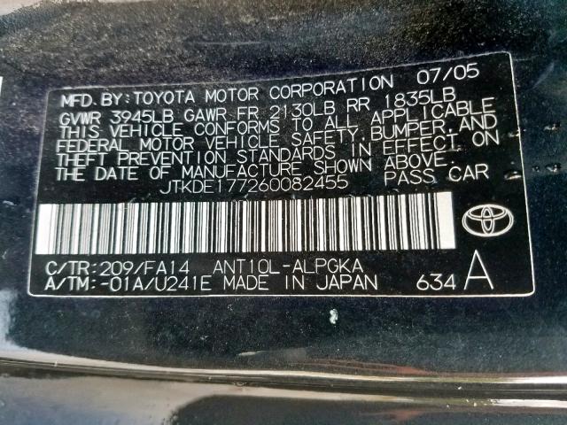 JTKDE177260082455 - 2006 TOYOTA SCION TC შავი ფოტო 10