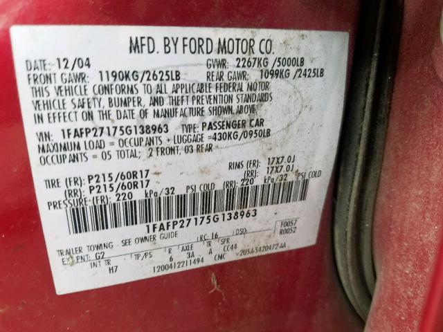 1FAFP27175G138963 - 2005 FORD FIVE HUNDR RED photo 10