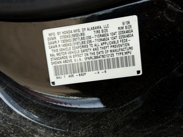 5FNRL38847B012125 - 2007 HONDA ODYSSEY TO BLACK photo 10