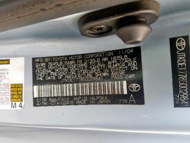 JTKDE177850029841 - 2005 TOYOTA SCION TC BLUE photo 10