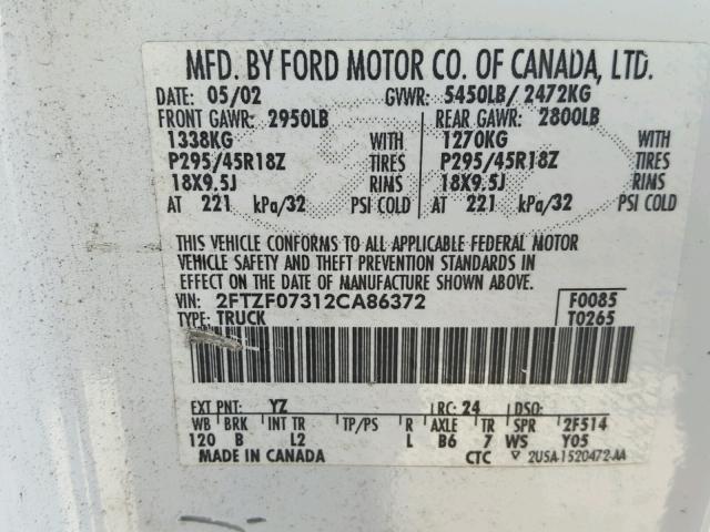 2FTZF07312CA86372 - 2002 FORD F150 SVT L WHITE photo 10