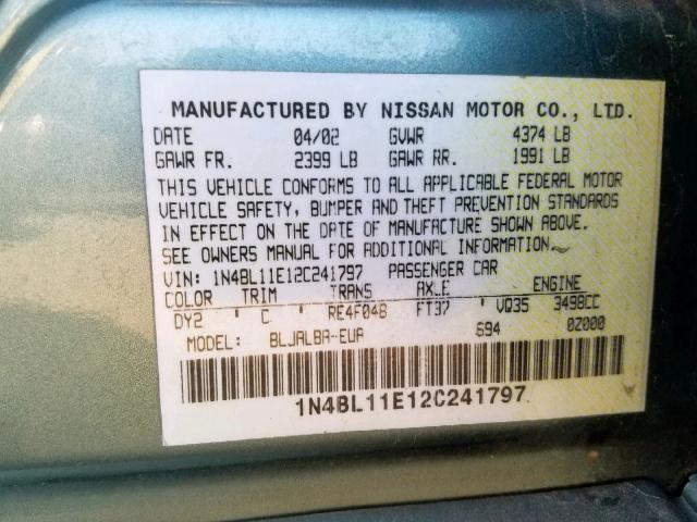 1N4BL11E12C241797 - 2002 NISSAN ALTIMA SE GREEN photo 10