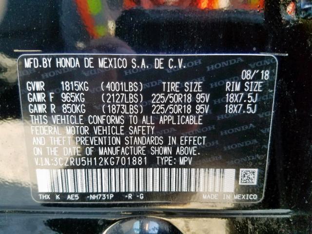 3CZRU5H12KG701881 - 2019 HONDA HR-V SPORT BLACK photo 10