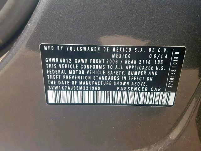 3VW1K7AJ9EM321969 - 2014 VOLKSWAGEN JETTA BASE 灰色 照片 10