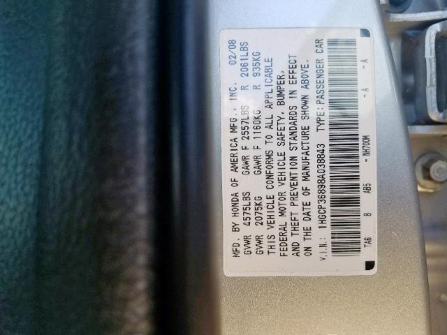 1HGCP36898A038843 - 2008 HONDA ACCORD EXL SILVER photo 10