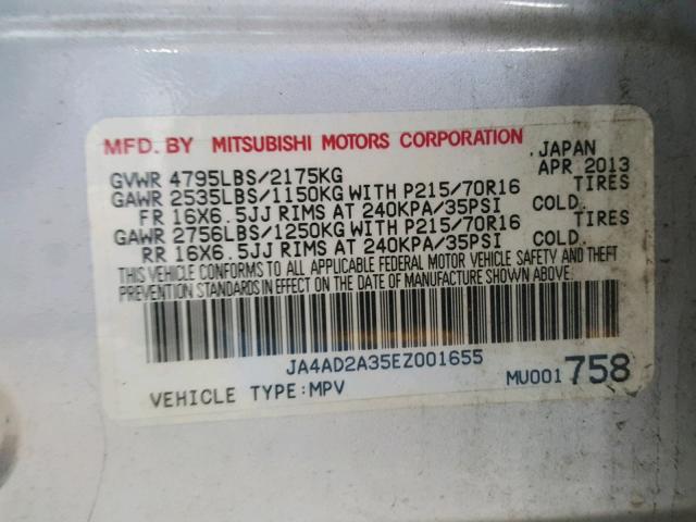 JA4AD2A35EZ001655 - 2014 MITSUBISHI OUTLANDER SILVER photo 10