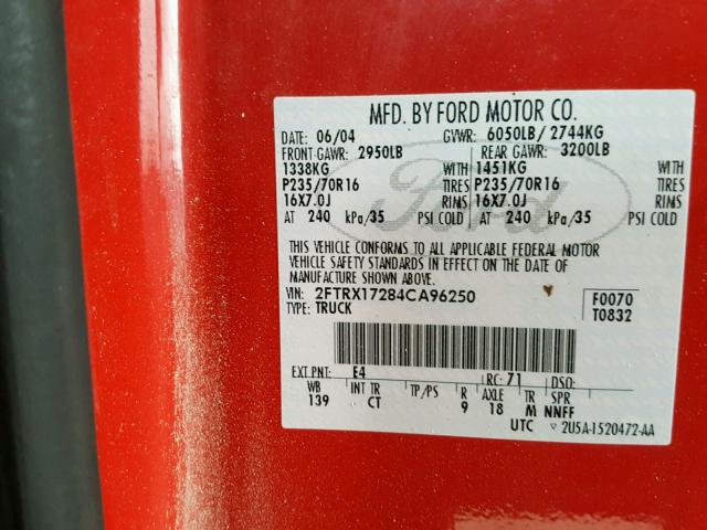 2FTRX17284CA96250 - 2004 FORD F-150 HERI RED photo 10