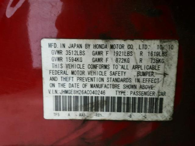 JHMGE8H26AC040246 - 2010 HONDA FIT RED photo 10