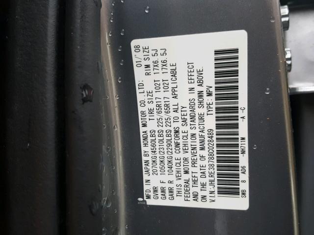 JHLRE38788C028489 - 2008 HONDA CR-V EXL GRAY photo 10