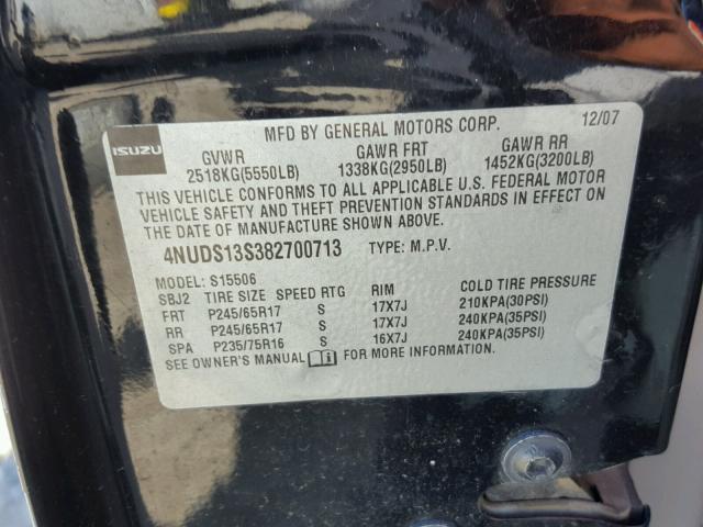 4NUDS13S382700713 - 2008 ISUZU ASCENDER S 黑色 照片 10