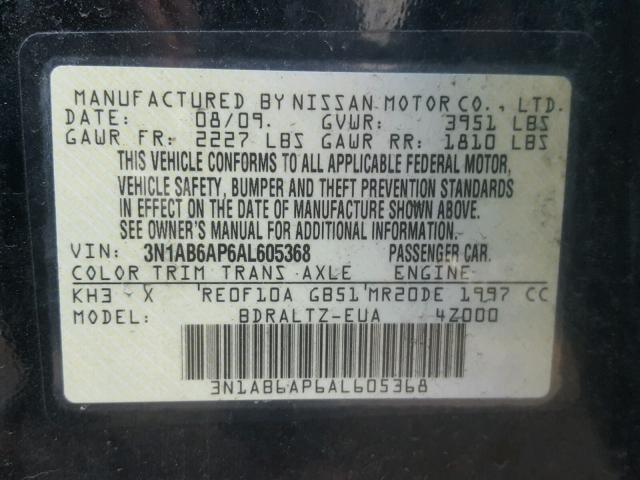 3N1AB6AP6AL605368 - 2010 NISSAN SENTRA 2.0 BLACK photo 10