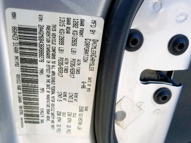 2A4GM68436R888278 - 2006 CHRYSLER PACIFICA T SILVER photo 10