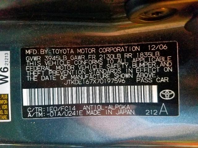 JTKDE167X70197596 - 2007 TOYOTA SCION TC გრაფიტი ფოტო 10