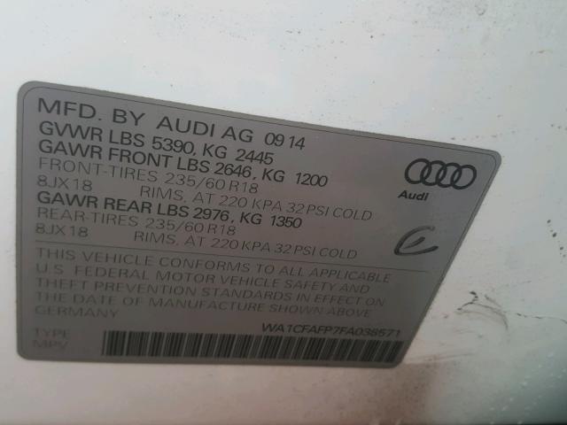 WA1CFAFP7FA038571 - 2015 AUDI Q5 PREMIUM WHITE photo 10