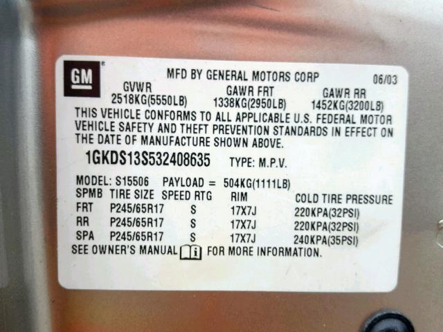 1GKDS13S532408635 - 2003 GMC ENVOY TAN photo 10