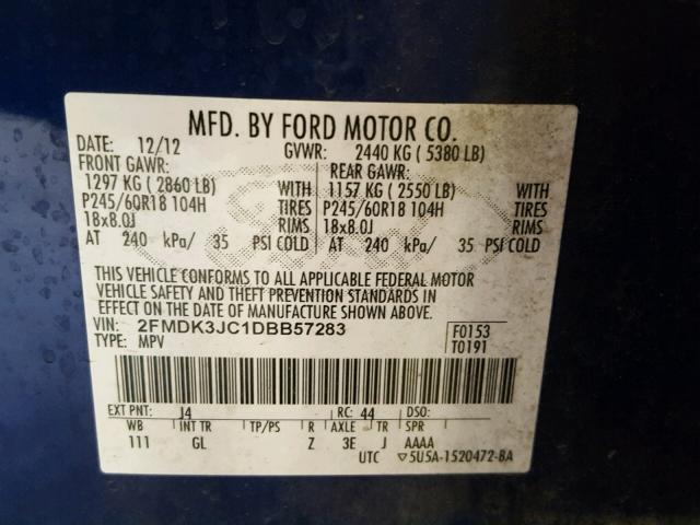 2FMDK3JC1DBB57283 - 2013 FORD EDGE SEL BLUE photo 10