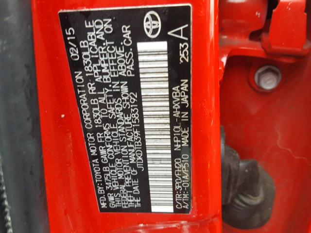 JTDKDTB39F1583192 - 2015 TOYOTA PRIUS C RED photo 10