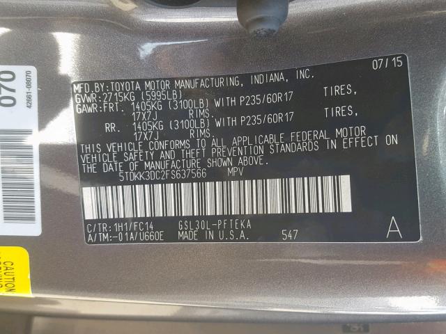 5TDKK3DC2FS637566 - 2015 TOYOTA SIENNA LE CHARCOAL photo 10