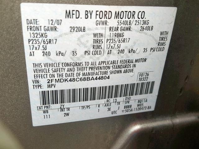 2FMDK48C68BA44804 - 2008 FORD EDGE SEL TAN photo 10