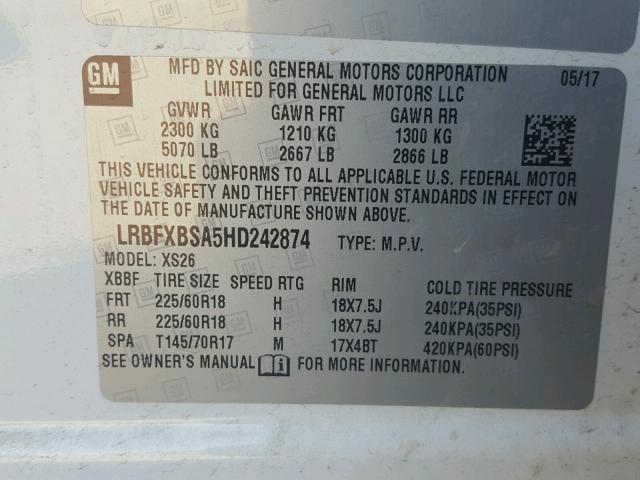 LRBFXBSA5HD242874 - 2017 BUICK ENVISION E WHITE photo 10