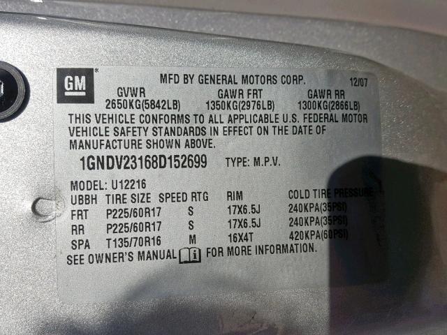 1GNDV23168D152699 - 2008 CHEVROLET UPLANDER L SILVER photo 10