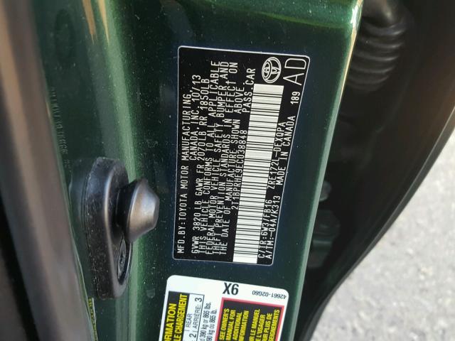 2T1BPRHE9EC038848 - 2014 TOYOTA COROLLA EC GREEN photo 10